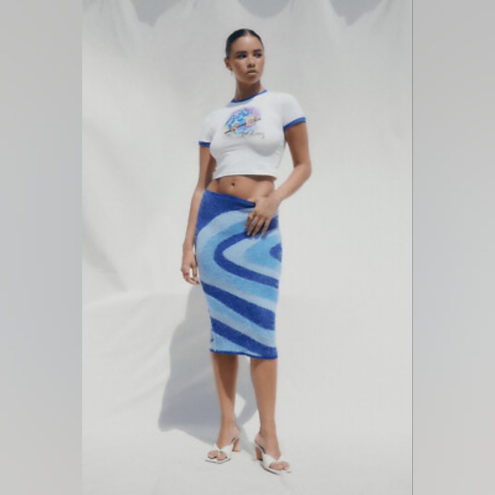 NWT HOUSE OF SUNNY Spice Hockney knit mini dress midi skirt strapless blue - Picture 2 of 5